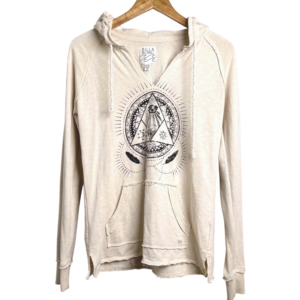 Billabong Graphic Hoodie Juniors Large Beige Bohemian Style Pullover Sweatshirt‎